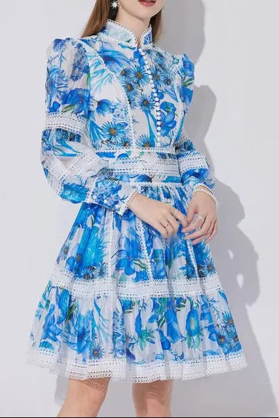 Lace-Paneled Printed Lantern Sleeves Mini Dress in Blue