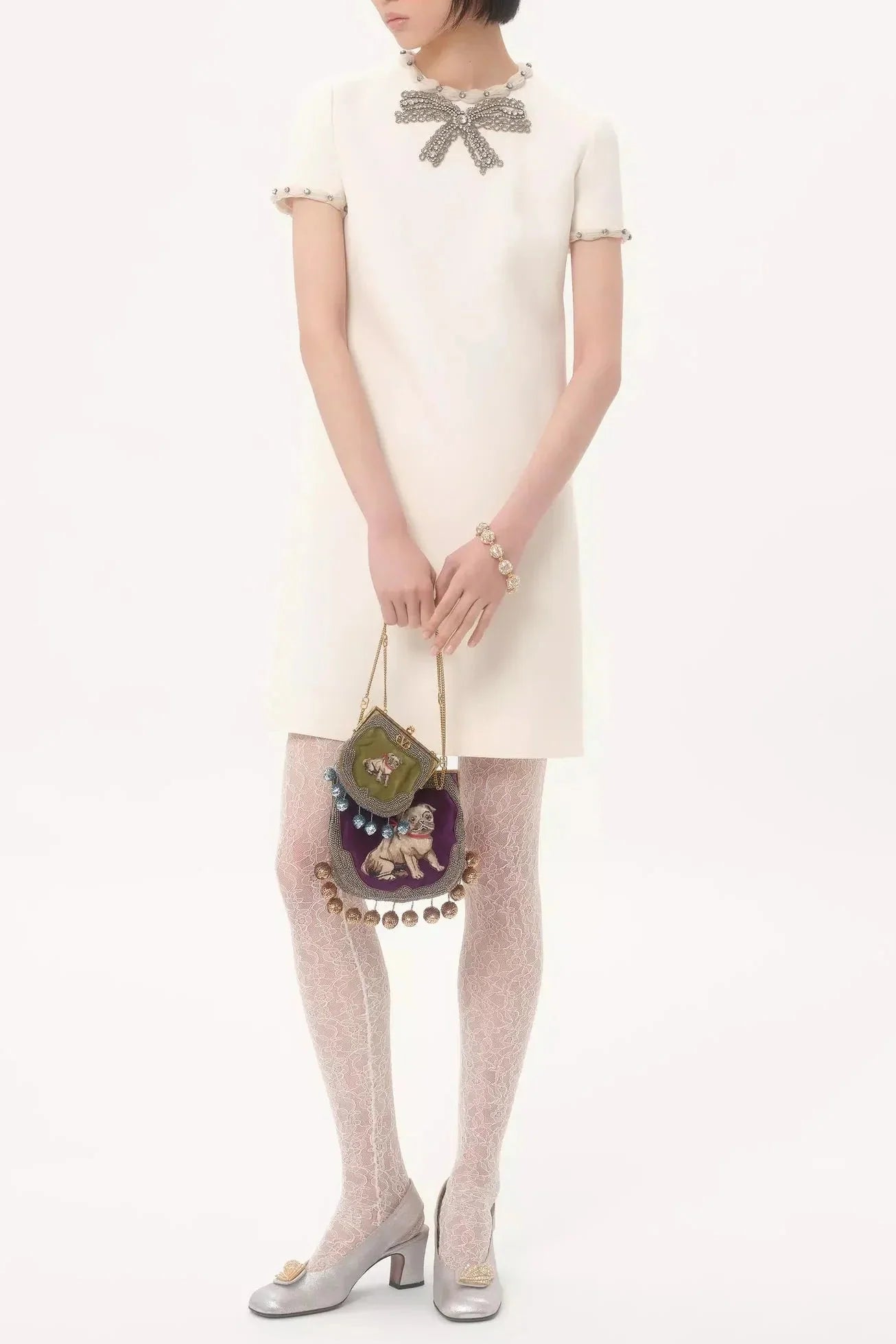 Rhinestone Embroidered Crepe Mini Dress in Ivory