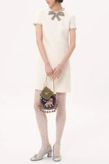 Rhinestone Embroidered Crepe Mini Dress in Ivory