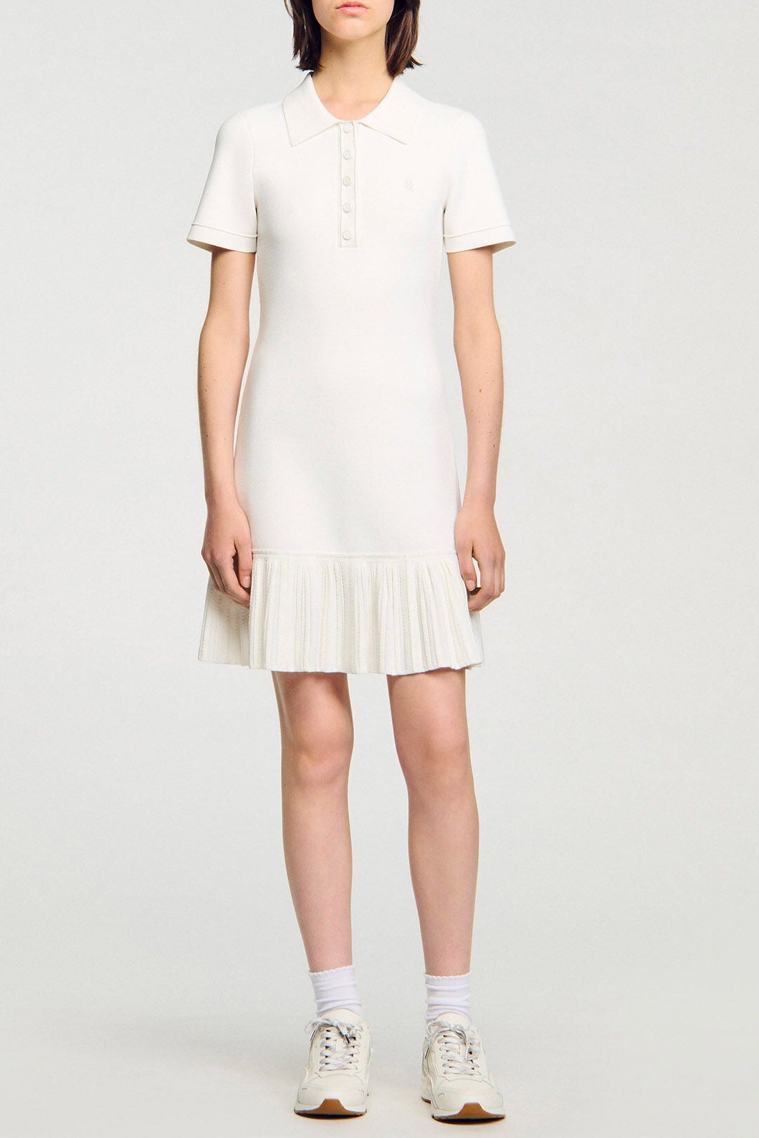 White Mini Knit Dress with Polo Neck