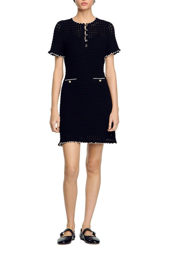 Hollow Knit Mini Dress in Black