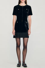 Trimmed Collar Zipper Dress in Black