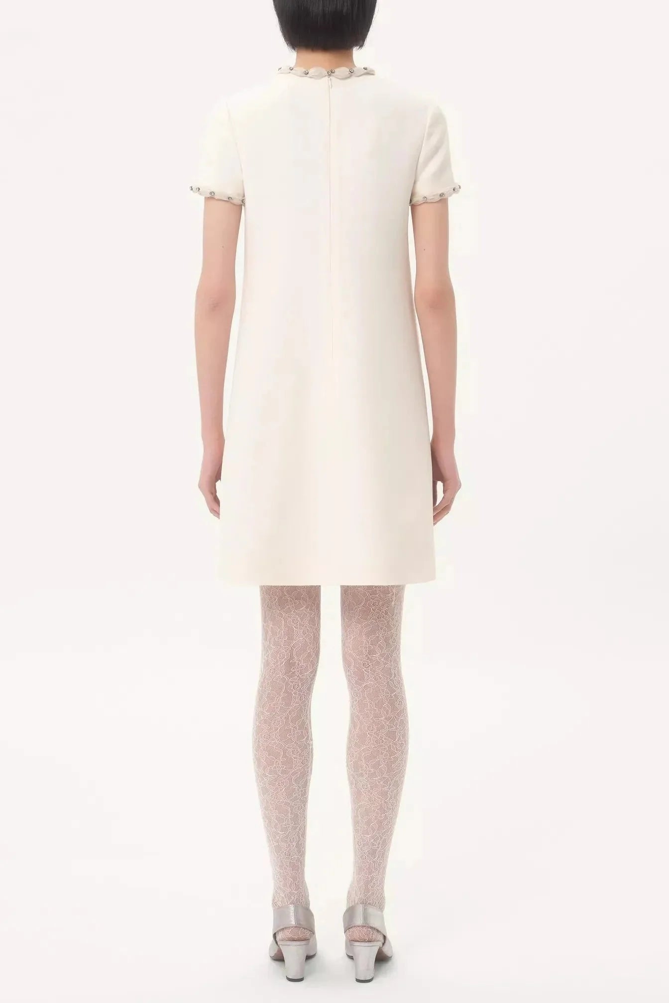 Rhinestone Embroidered Crepe Mini Dress in Ivory