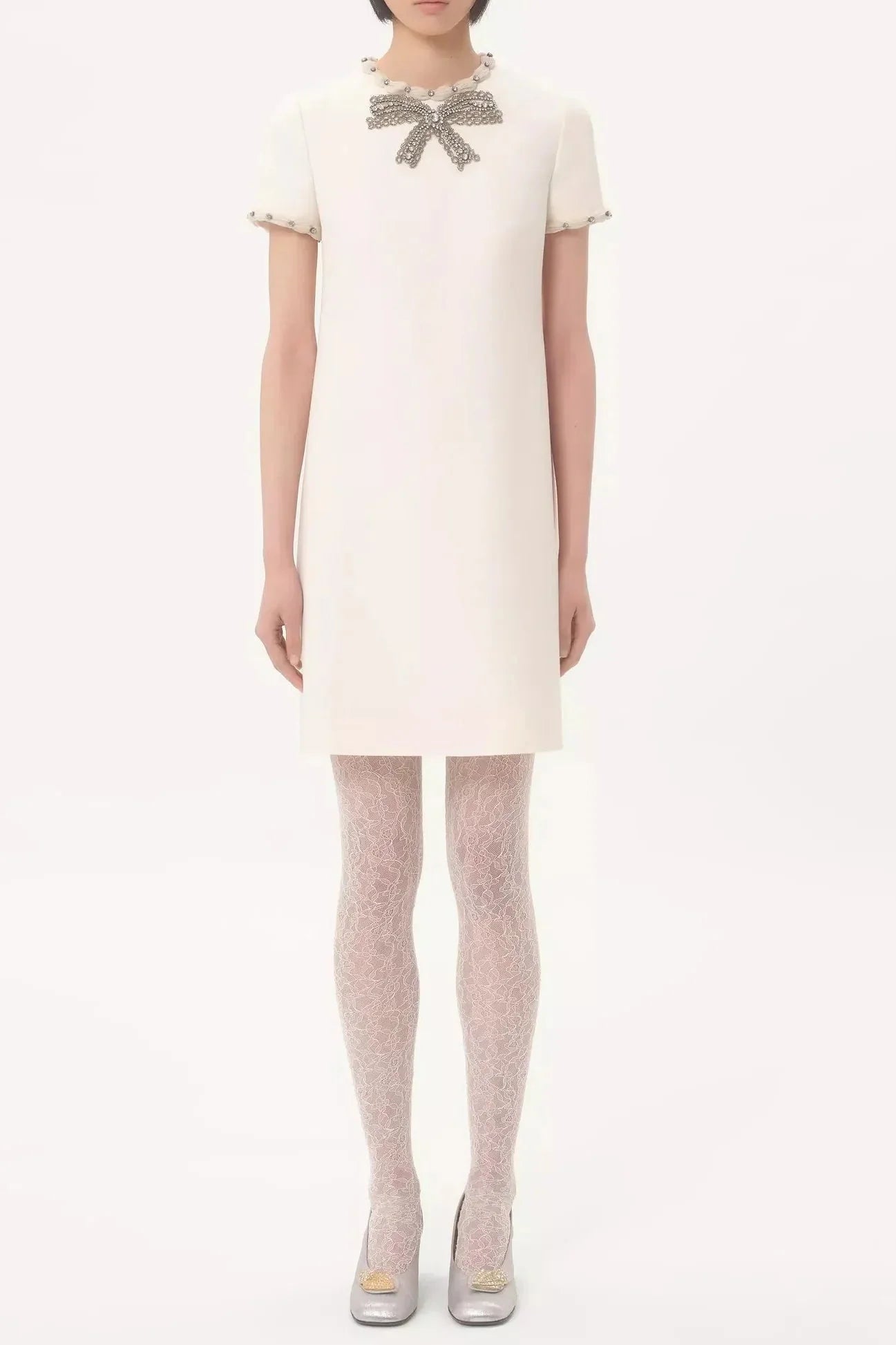 Rhinestone Embroidered Crepe Mini Dress in Ivory