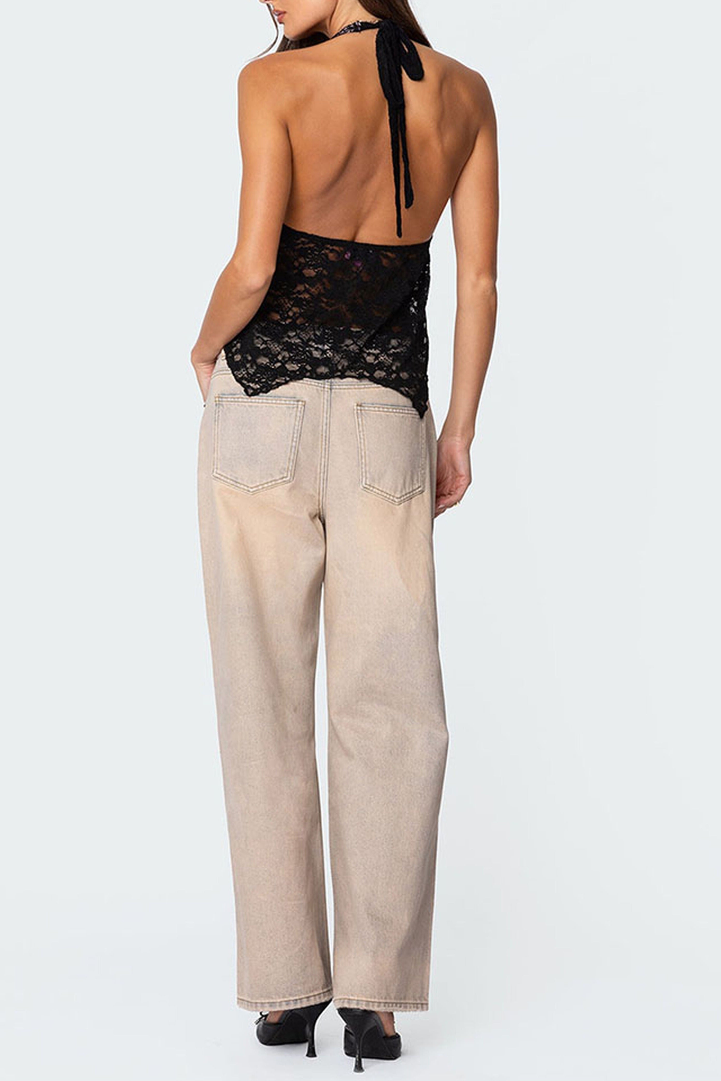 Backless Sheer Lace Halter Top in Black