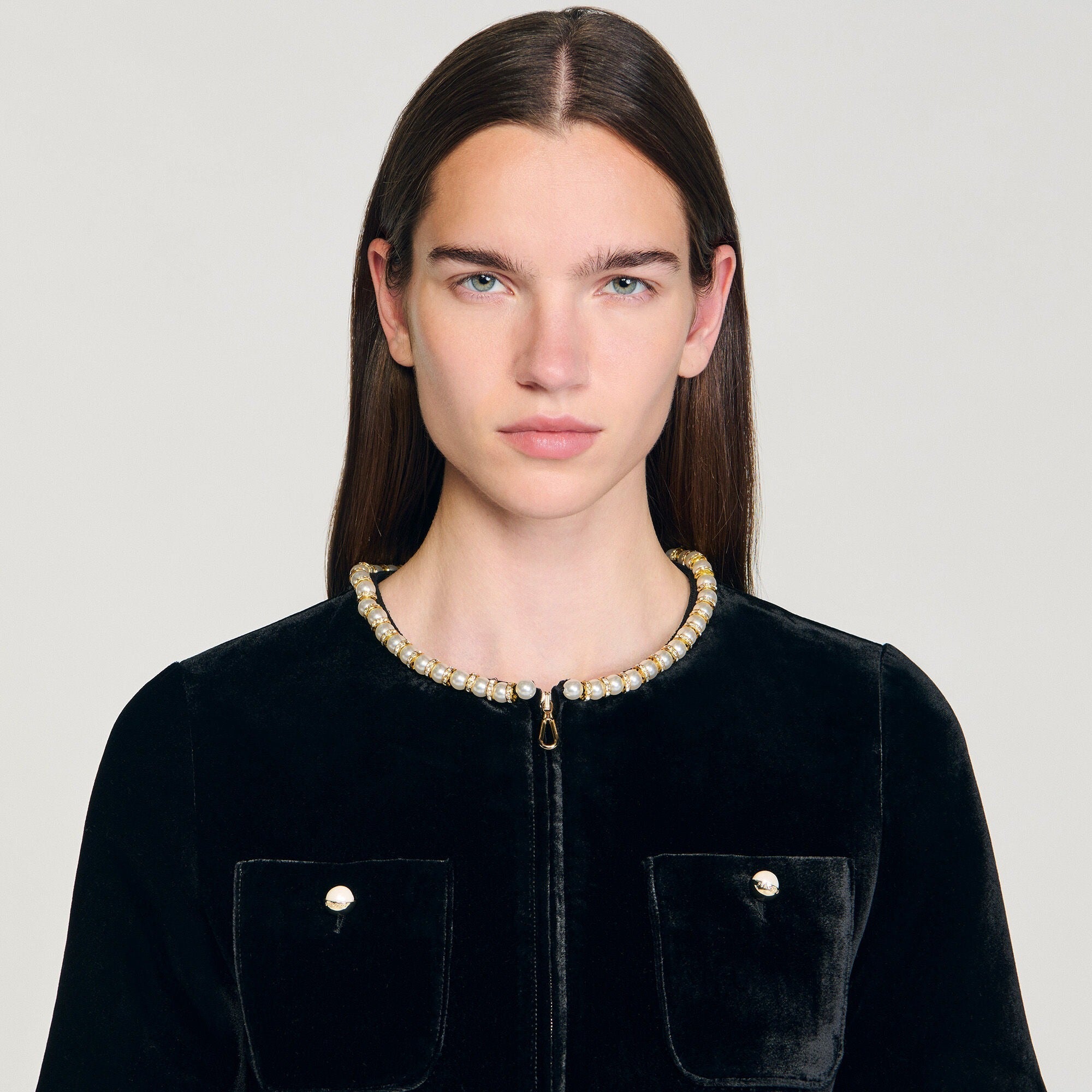 Trimmed Collar Zipper Dress in Black
