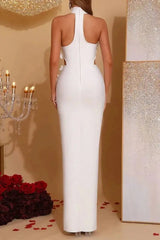 Celeste 3D Flower Halter High Backless Maxi Dress in white
