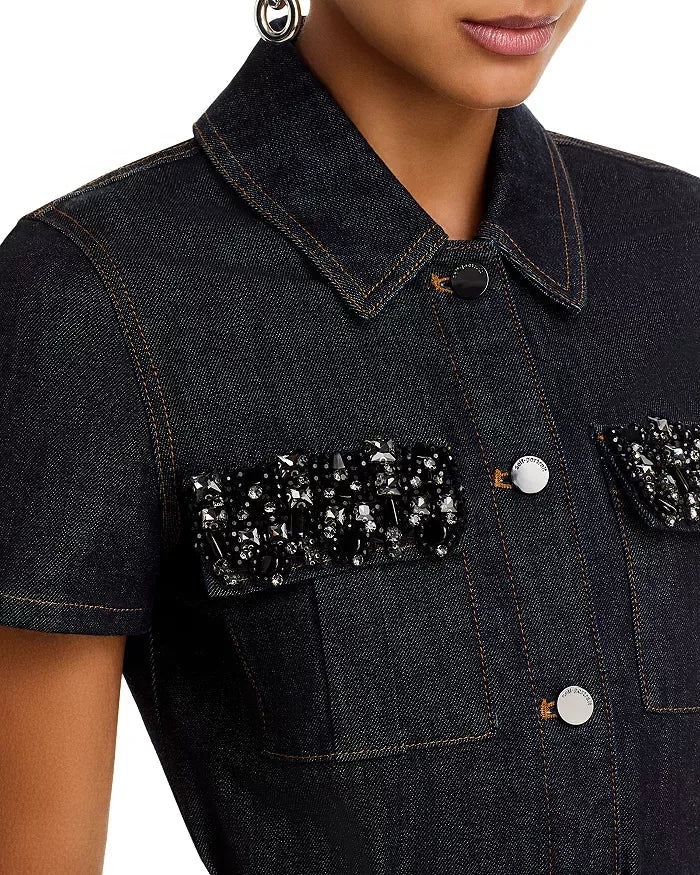 Denim Crystal Trim Mini Dress in Black