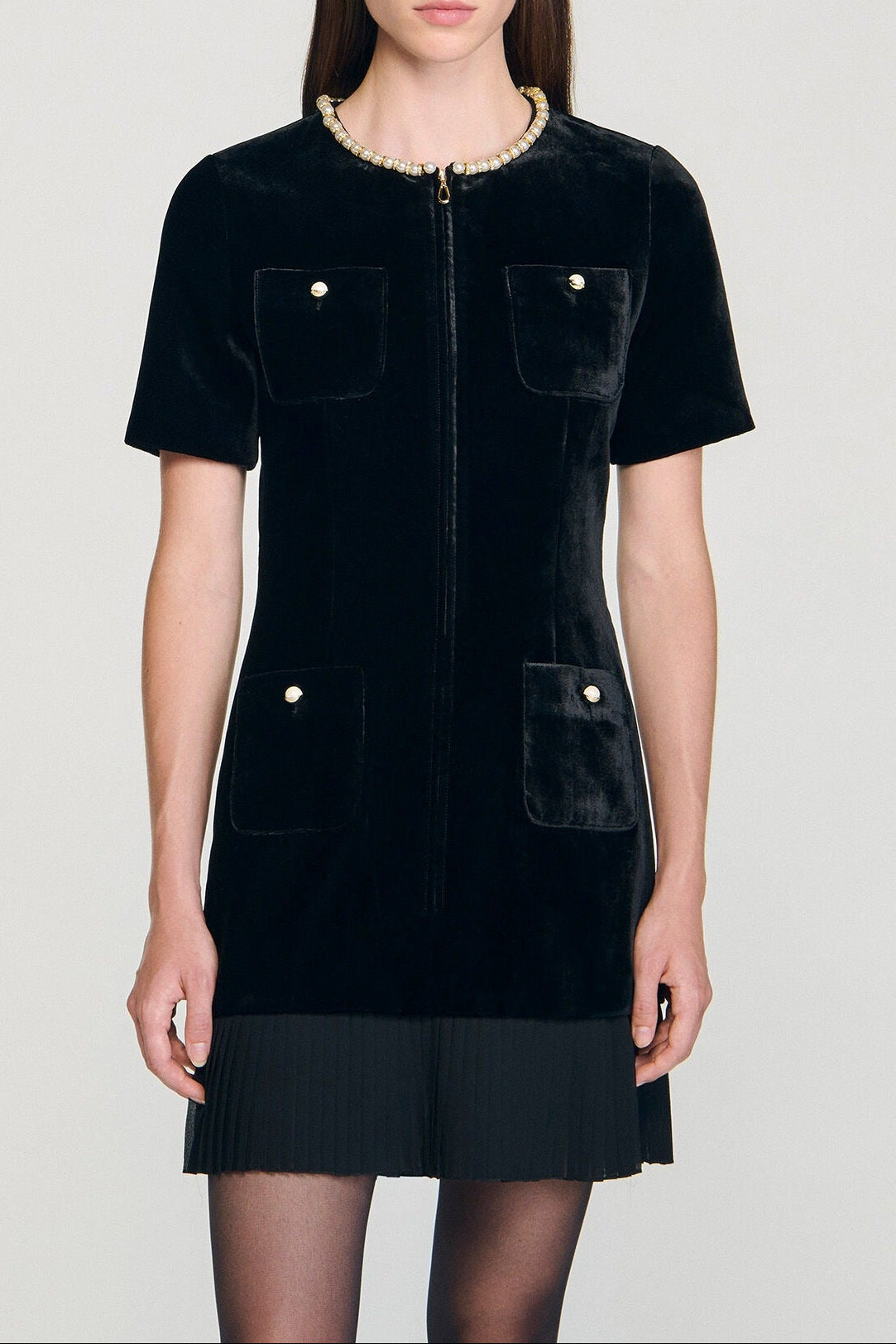Trimmed Collar Zipper Dress in Black