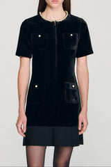 Trimmed Collar Zipper Dress in Black