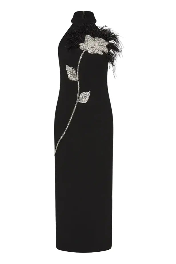 Flower Rhinestone Feather Halter Midi Dress in Black