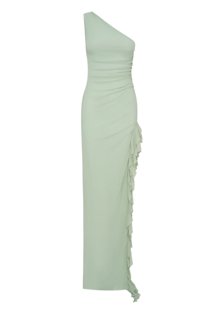 One-Shoulder Ruffle Trim Maxi Dress in Green