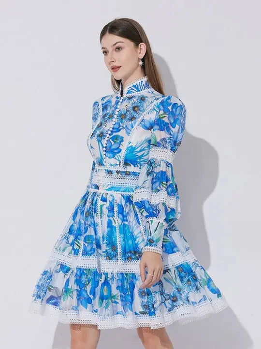 Lace-Paneled Printed Lantern Sleeves Mini Dress in Blue
