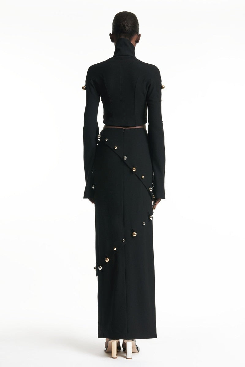 Button-Embellished Cotton-Jersey Top Maxi Skirt Suit in Black