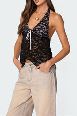 Backless Sheer Lace Halter Top in Black