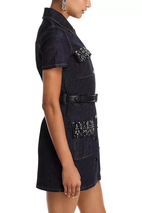 Denim Crystal Trim Mini Dress in Black