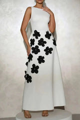 3D Flower A-Line Maxi Dress in White