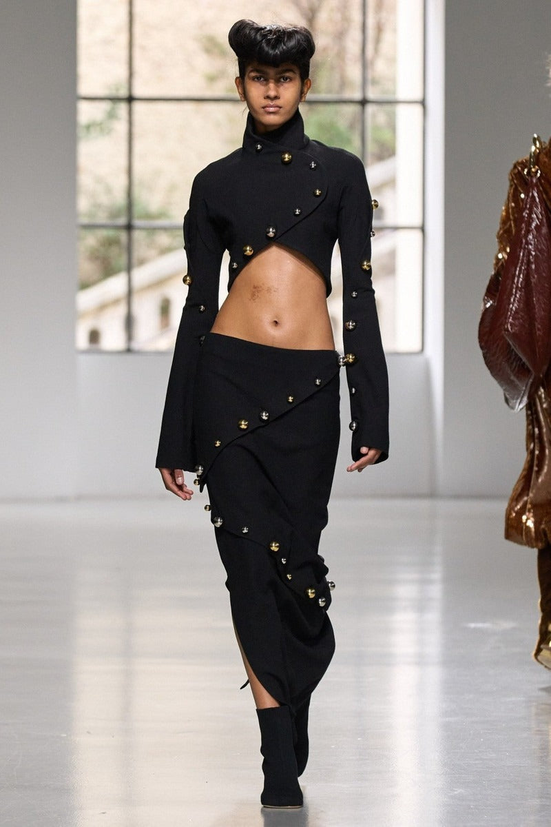 Button-Embellished Cotton-Jersey Top Maxi Skirt Suit in Black