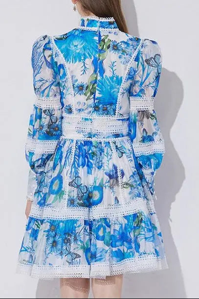 Lace-Paneled Printed Lantern Sleeves Mini Dress in Blue