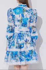 Lace-Paneled Printed Lantern Sleeves Mini Dress in Blue