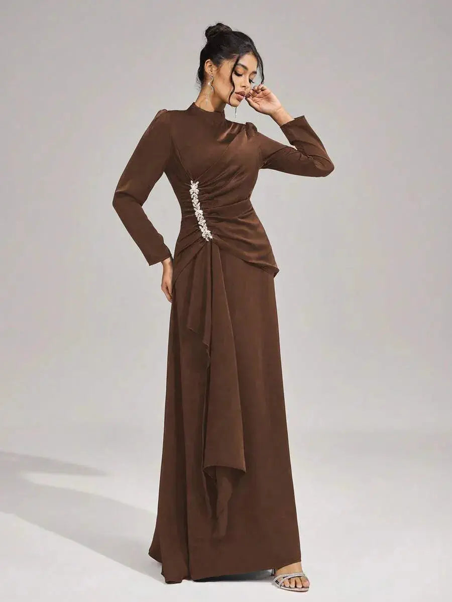 Long Sleeves with Beading Maxi Dress in Brown