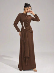 Long Sleeves with Beading Maxi Dress in Brown