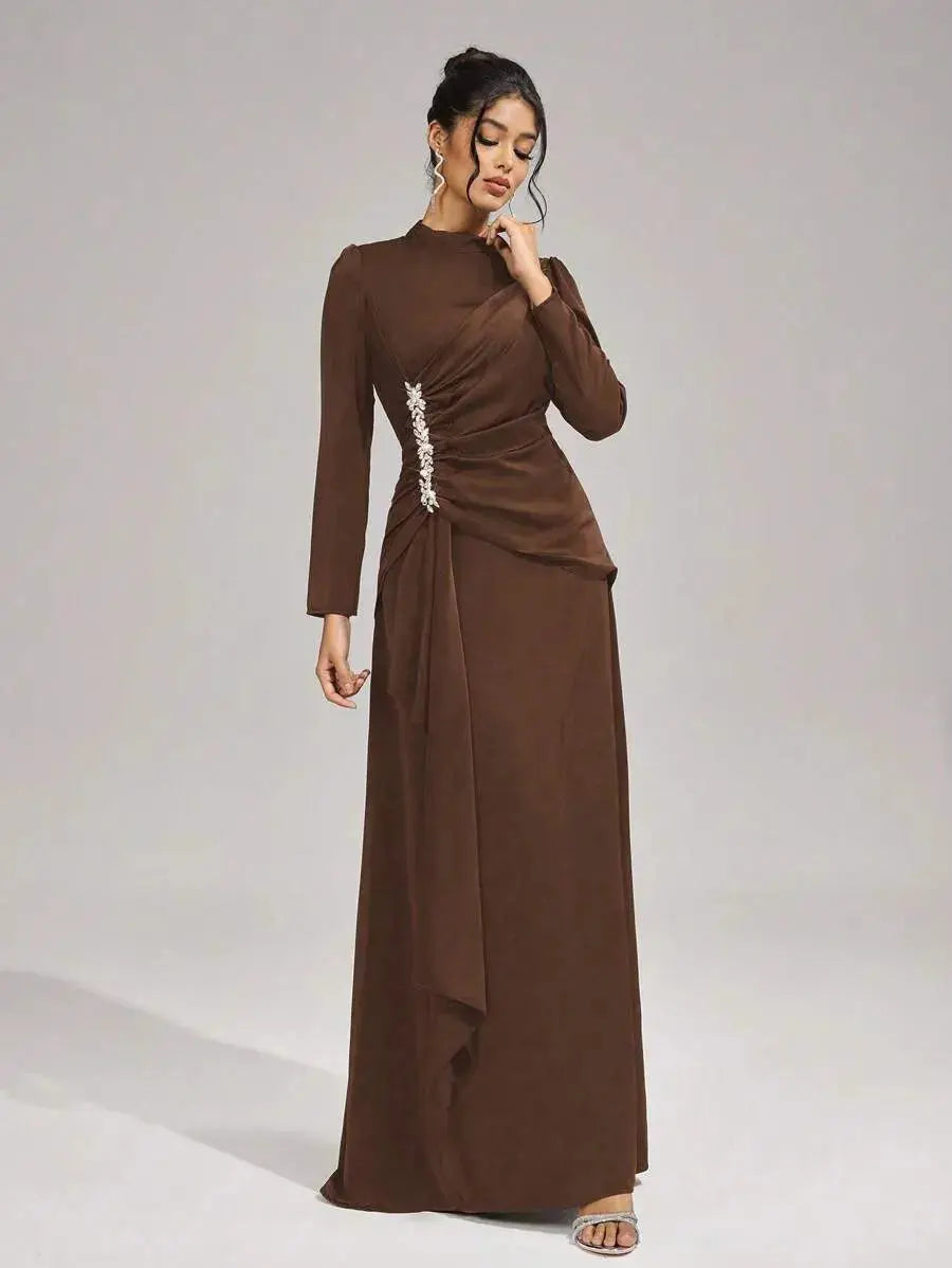 Long Sleeves with Beading Maxi Dress in Brown