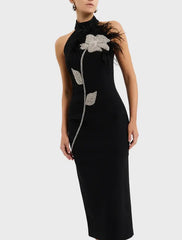 Flower Rhinestone Feather Halter Midi Dress in Black