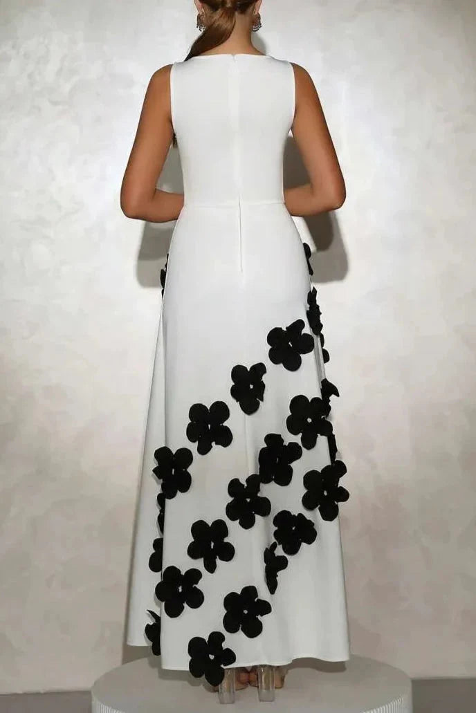 3D Flower A-Line Maxi Dress in White