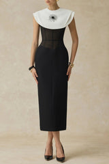 Black Sleeveless Midi Dress With White Cape