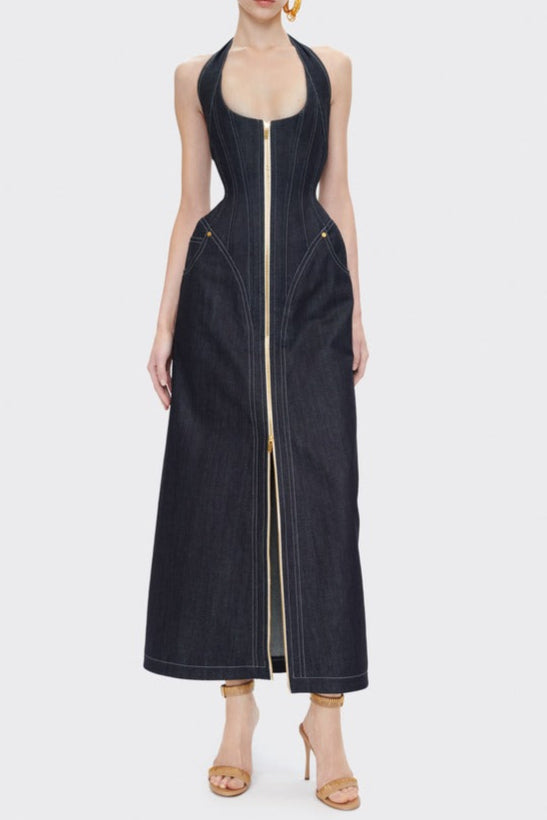 Haltered Corseted Midi Dress Denim in Navy Blue