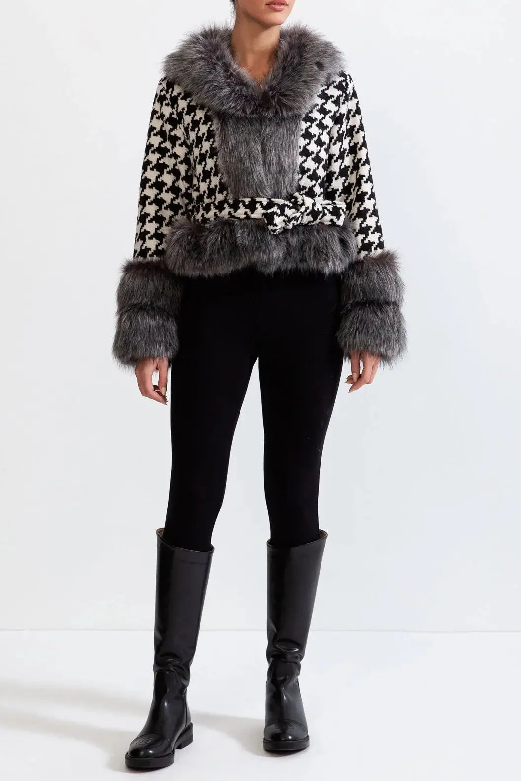 Houndstooth Wool Coat with Fur