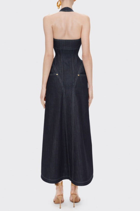 Haltered Corseted Midi Dress Denim in Navy Blue