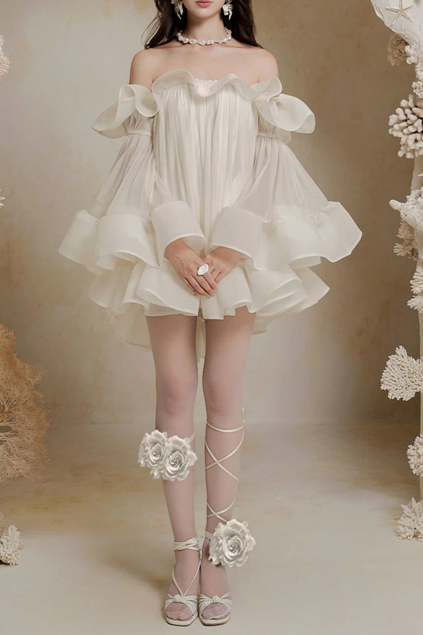 Ruffle Crinkle Mini Dress in White