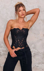 Black Textured Sheer Floral Lace Corset