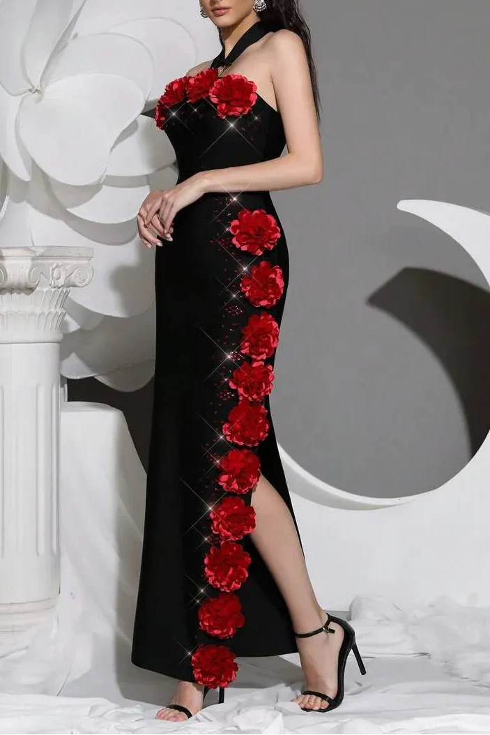 Flower Bandage Maxi Dress in Black
