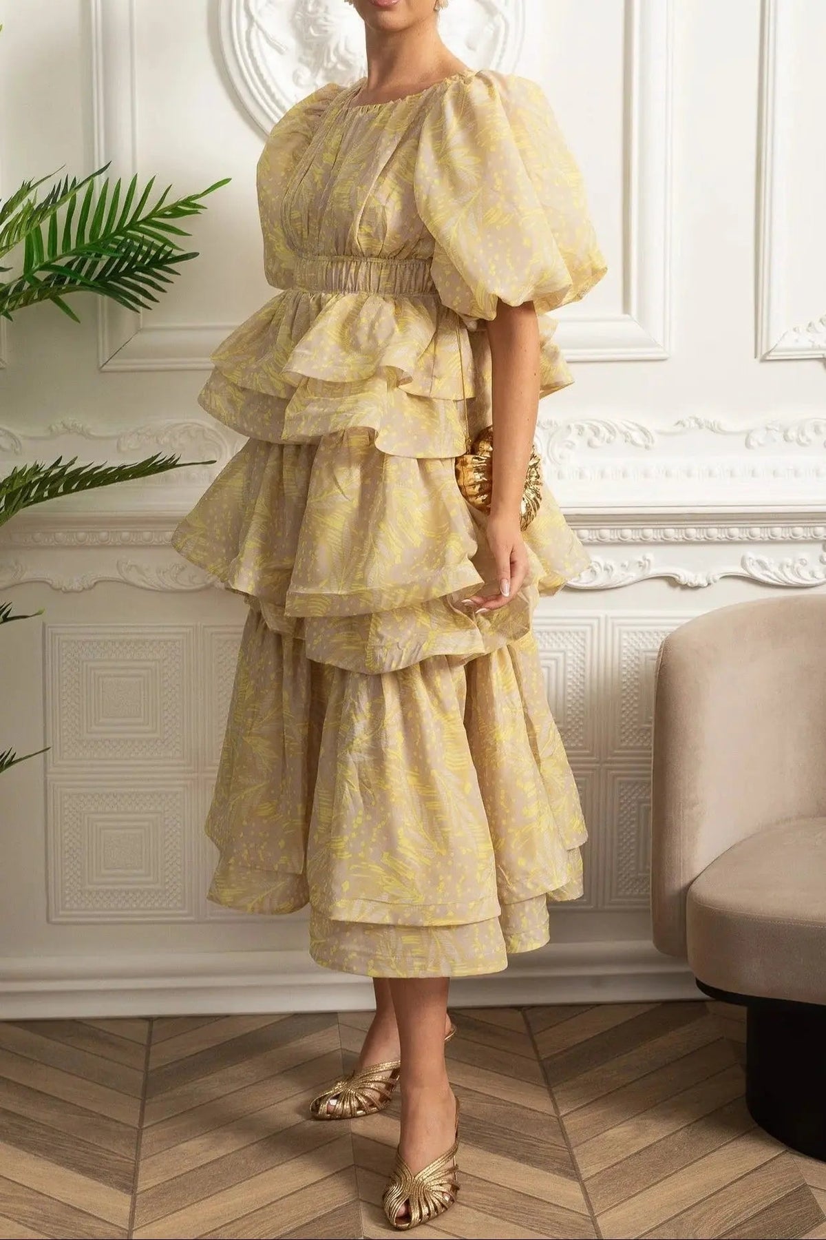 Puff Sleeve Ruffle Midi Dress - Yellow