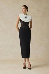 Black Sleeveless Midi Dress With White Cape