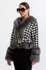 Houndstooth Wool Coat with Fur
