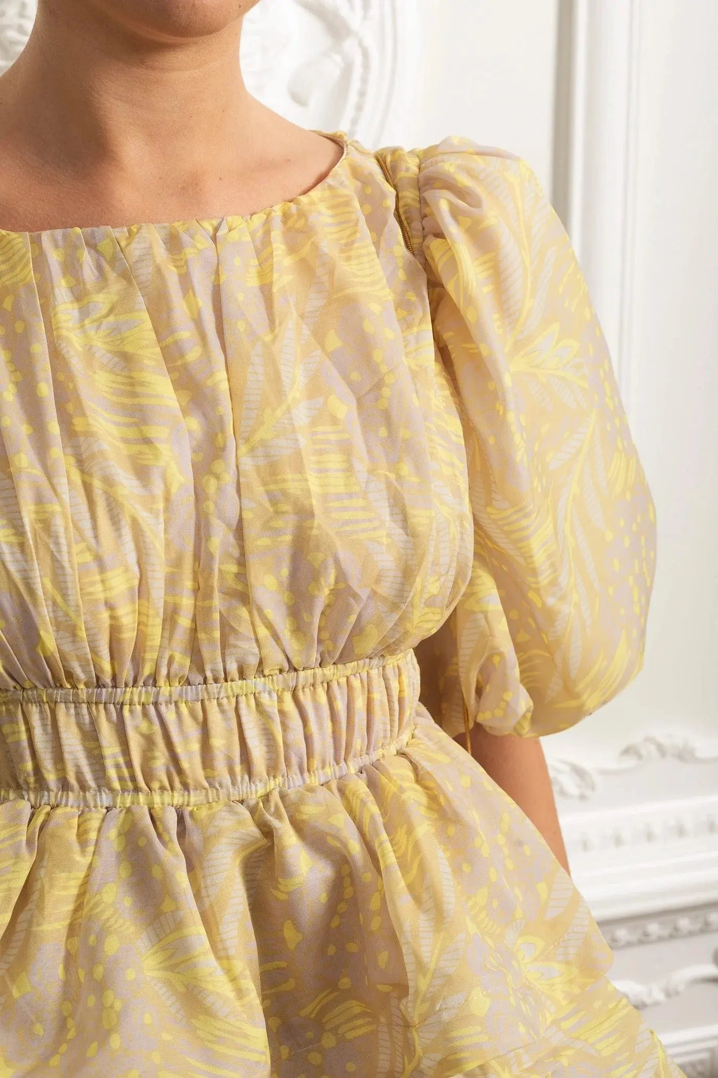 Puff Sleeve Ruffle Midi Dress - Yellow