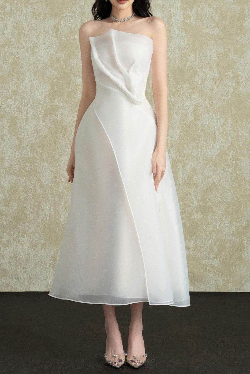Layered Organza Midi Dress in White