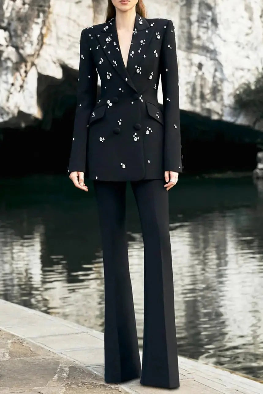 Black Straight Floor Length Pants rhinestone blazer set
