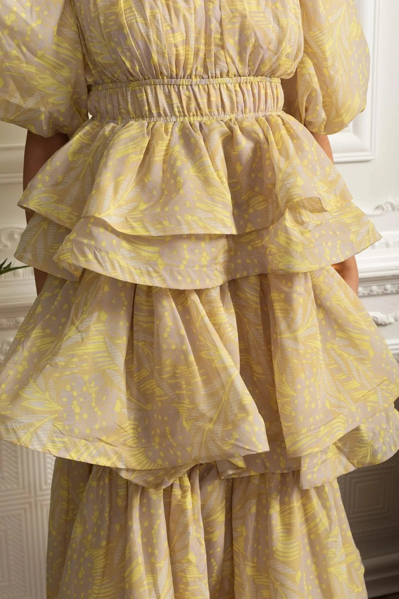 Puff Sleeve Ruffle Midi Dress - Yellow