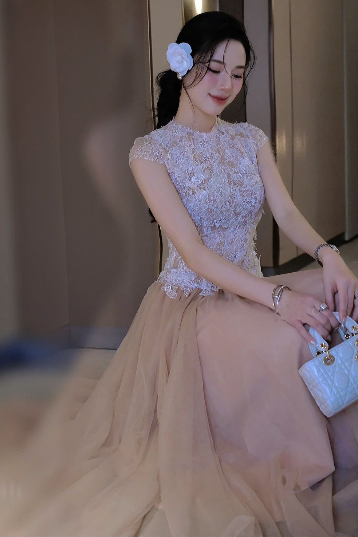 Sequin Lace Patchwork Mesh Maxi Dress in Brown