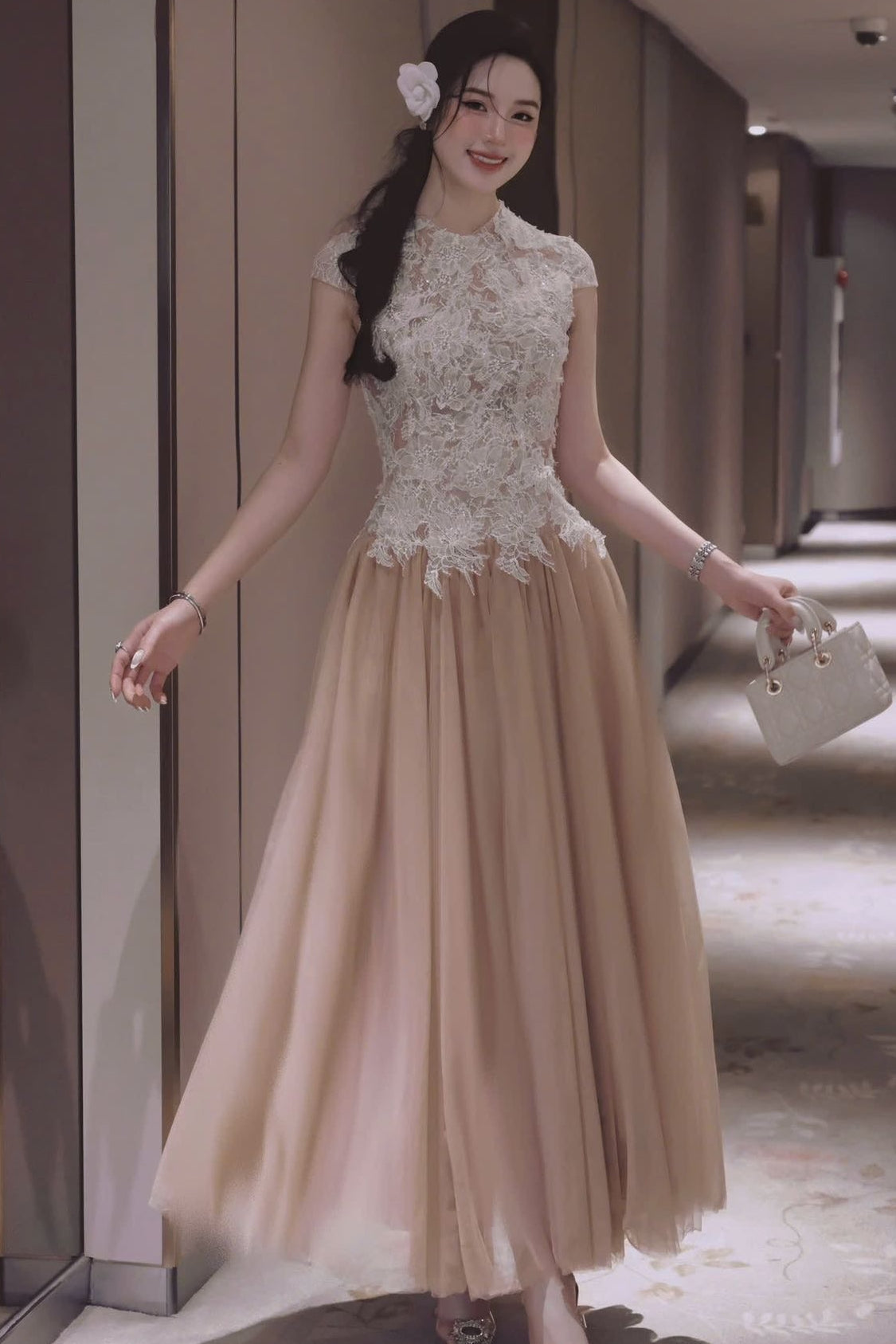 Sequin Lace Patchwork Mesh Maxi Dress in Brown