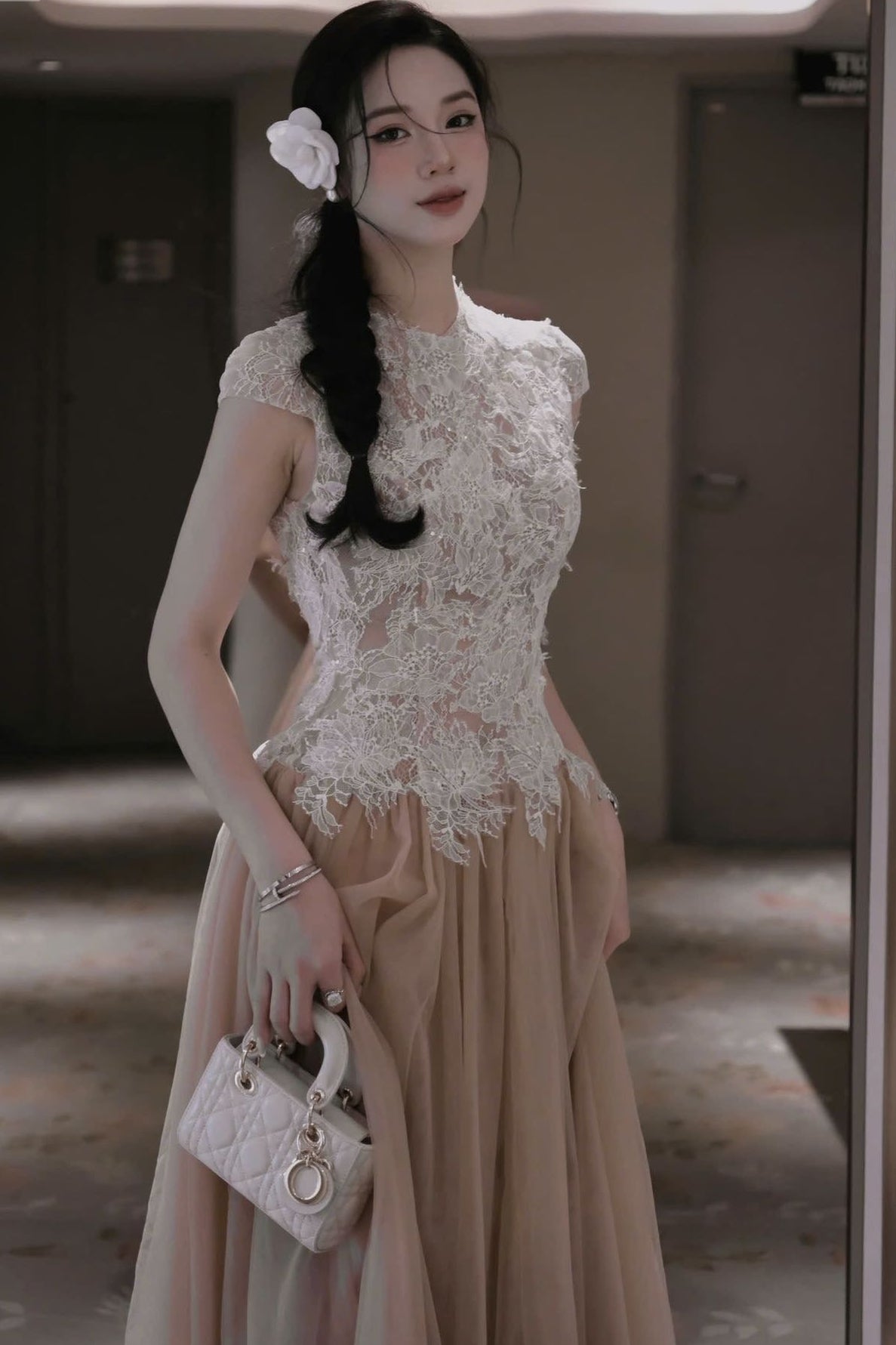 Sequin Lace Patchwork Mesh Maxi Dress in Brown