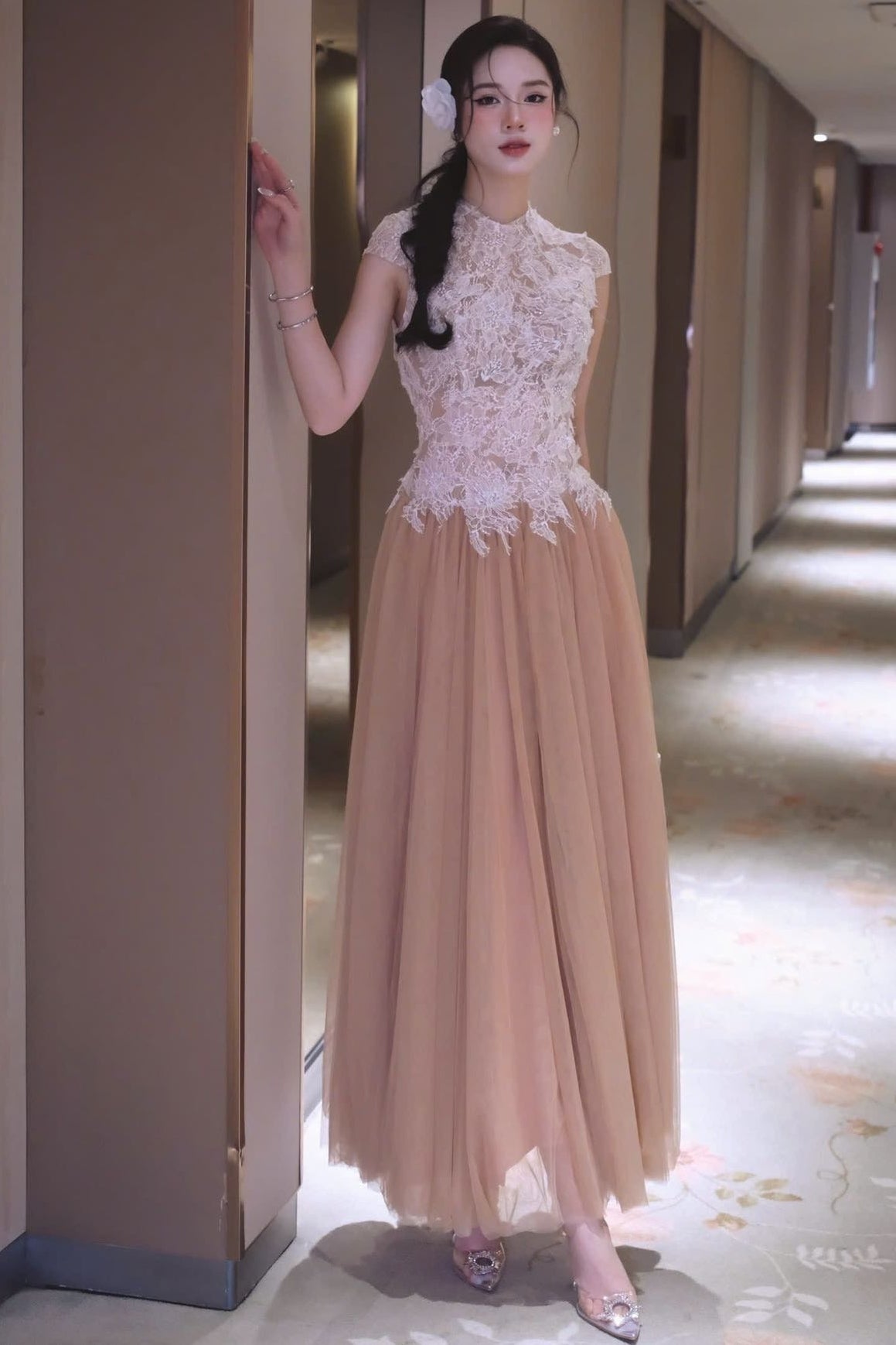 Sequin Lace Patchwork Mesh Maxi Dress in Brown