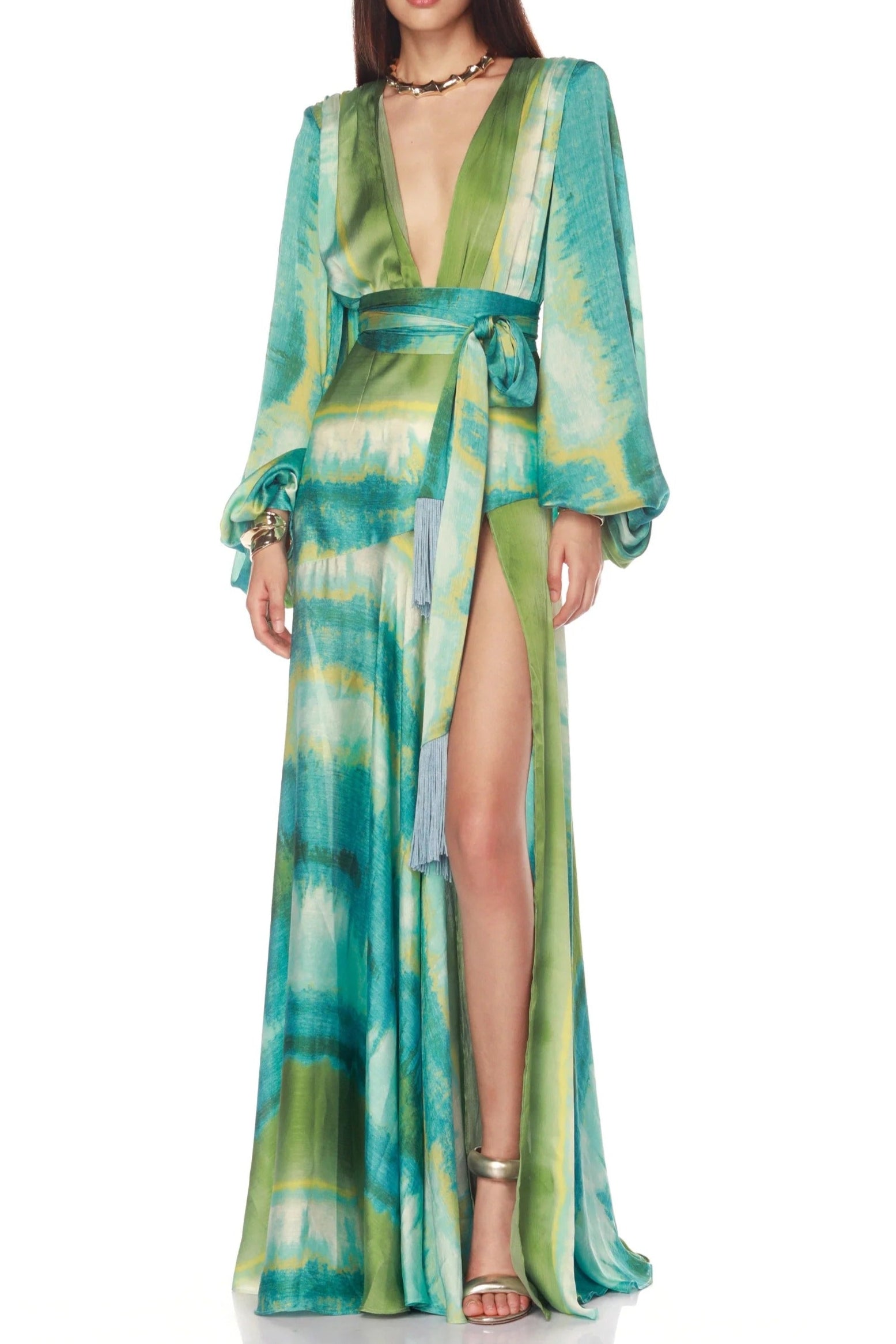 Green Floral Print Puff Sleeve Maxi Dress