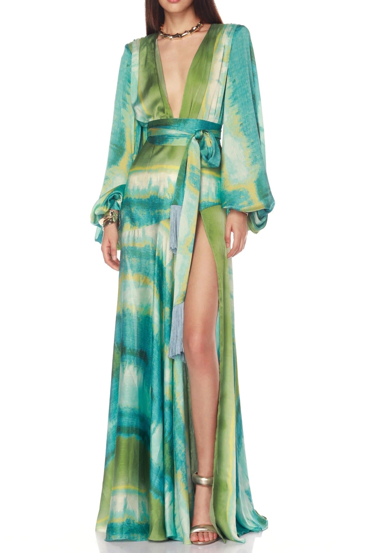 Green Floral Print Puff Sleeve Maxi Dress