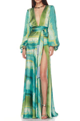 Green Floral Print Puff Sleeve Maxi Dress